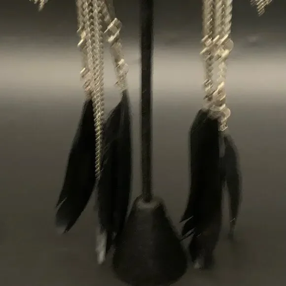 Parrot Black Feather Chandelier Dangle Statement Earrings Rhinestone Chain Link - Picture 4 of 11